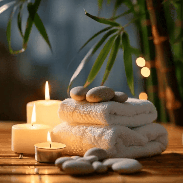 Cinemagraph of softly flickering candles and spa stones creating a calm, soothing ambiance.
