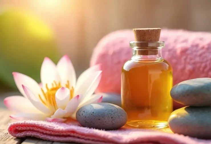 Lotus flower beside massage oil bottles under warm sunset lighting.
